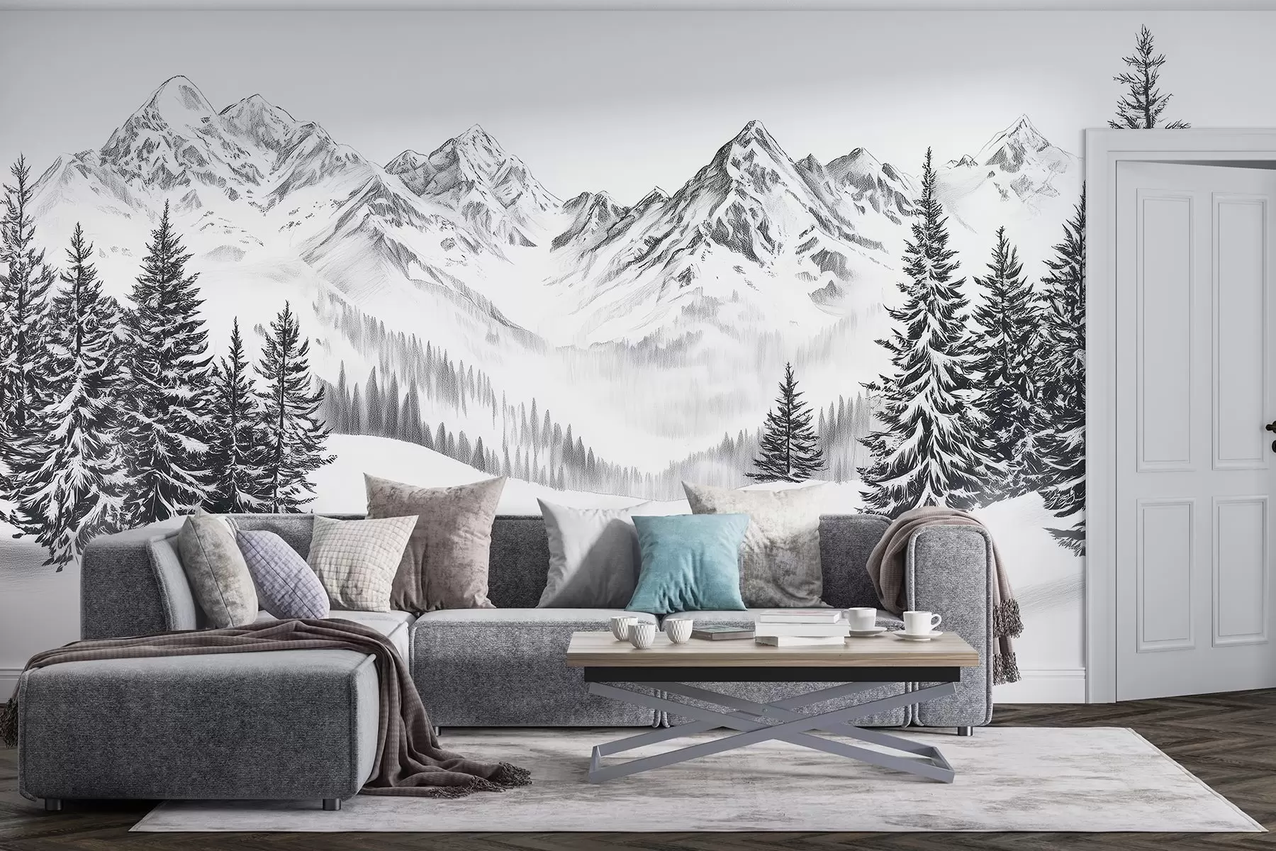 Fototapety Alpské hory na snehu, štýl ceruzky, minimalizmus w02352