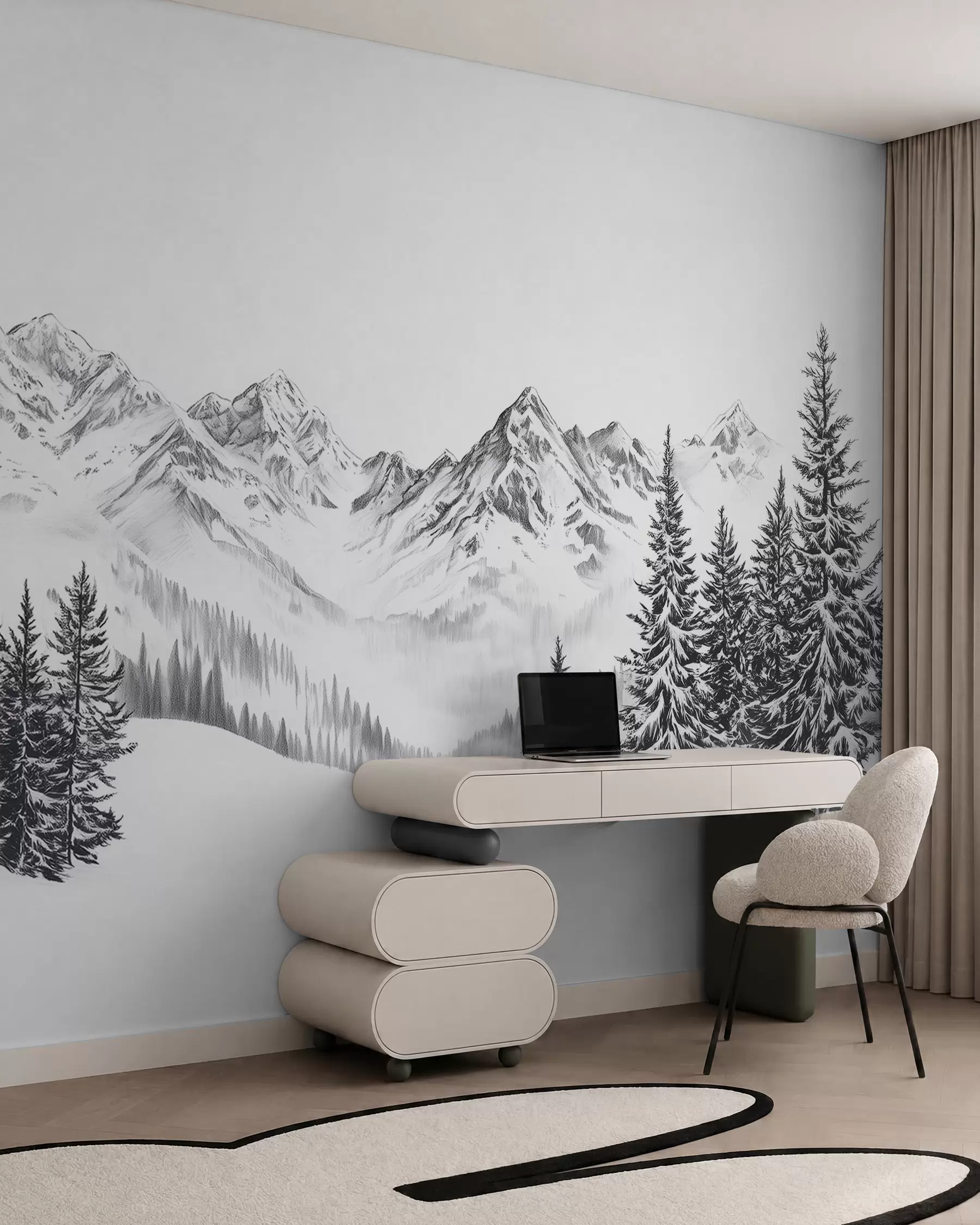 Fototapety Alpské hory na snehu, štýl ceruzky, minimalizmus w02352
