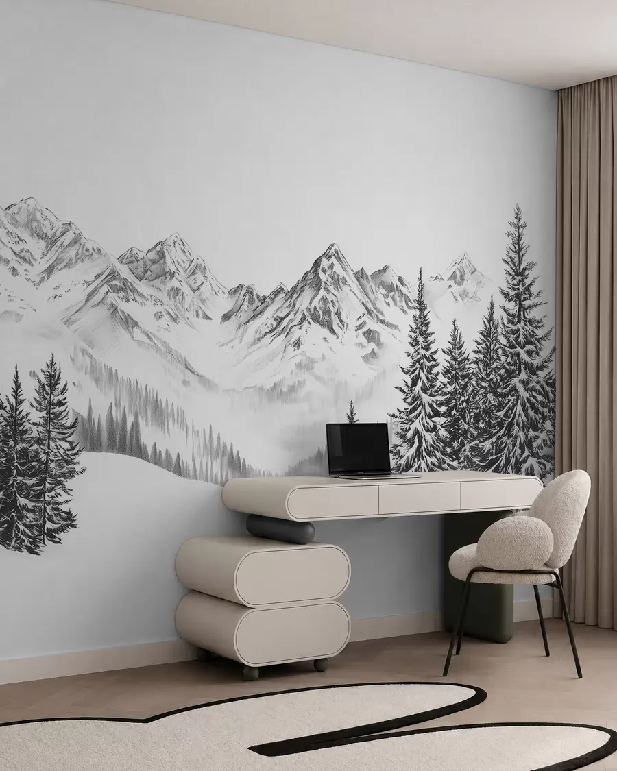 Fototapety Alpské hory na snehu, štýl ceruzky, minimalizmus w02352