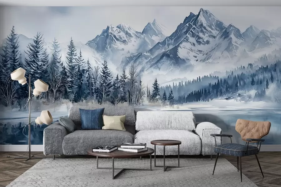 Fototapety Alpy na snehu, zimný les, zamrznuté jazero, modrá paleta farieb  w02358