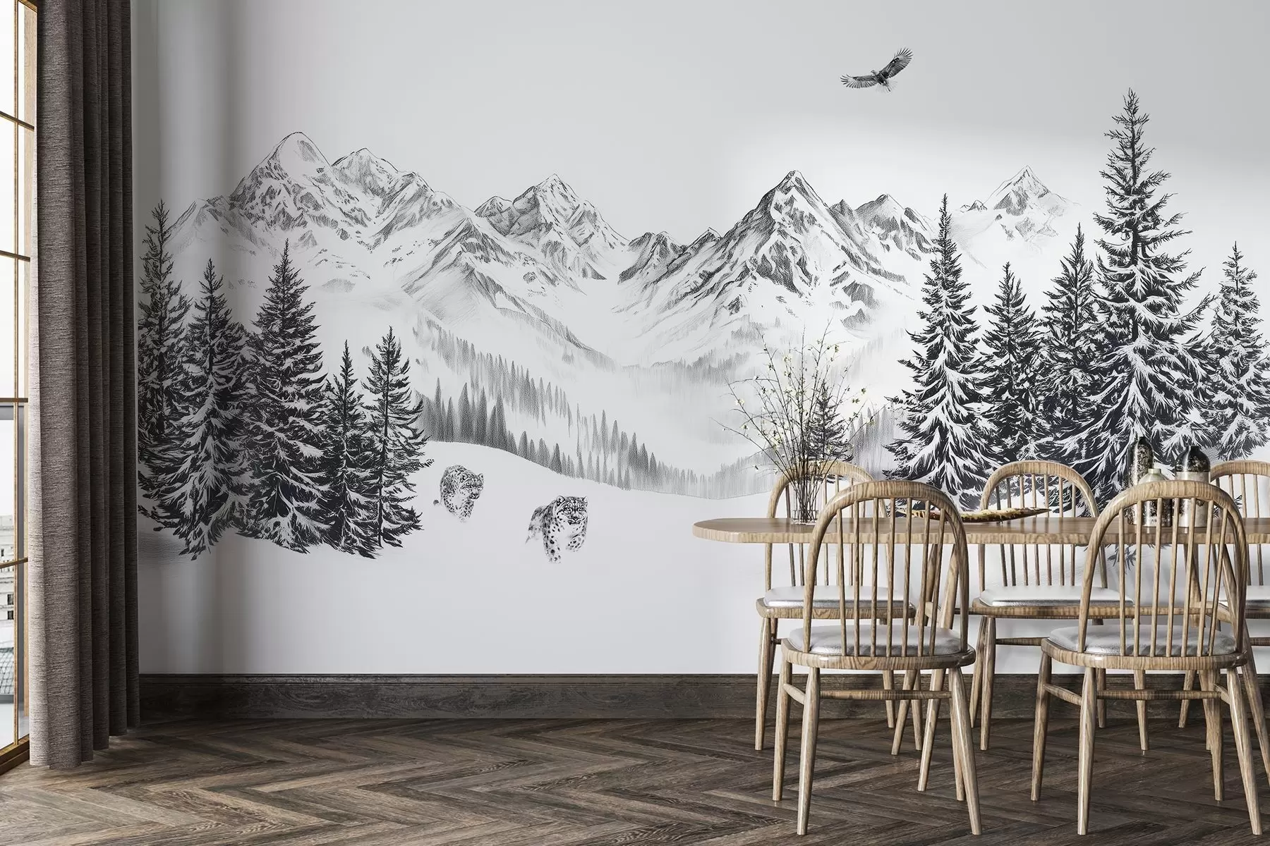 Fototapety Zimné hory, snehové leopardy, borovicový les, kresba ceruzkou, letiaci orol w02360