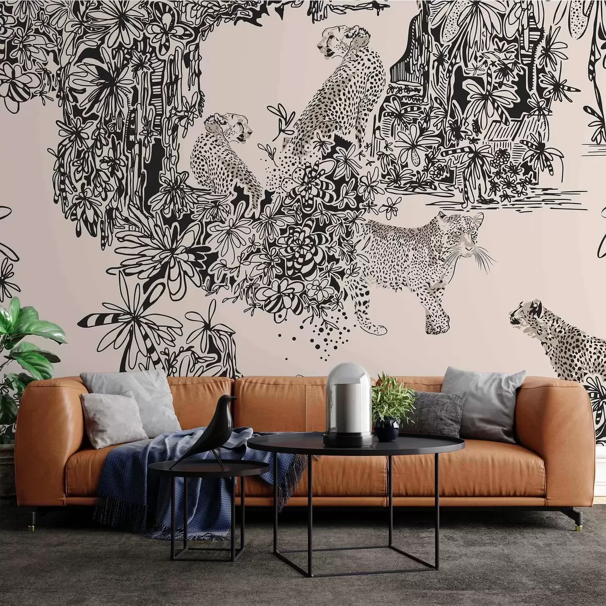 Fototapety Leopard a stromy v béžových odtieňoch w02364