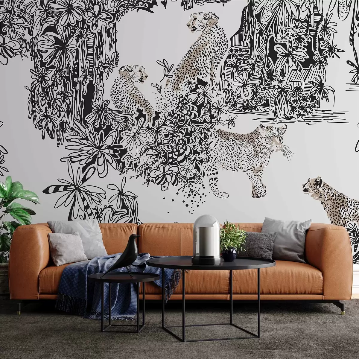 Fototapety Leopard a stromy v sivých odtieňoch w02364v1