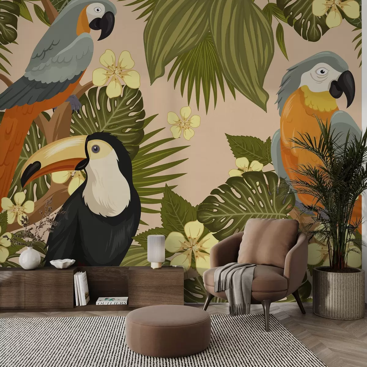 Fototapety Žiarivé papagáje a tukan v žltej farbe w02365