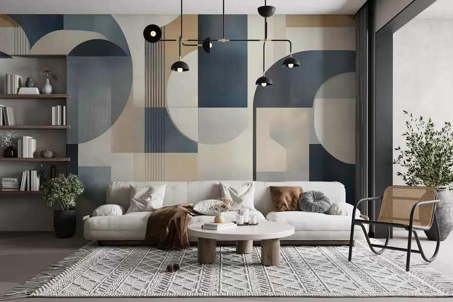 Fototapety Art Deco tapeta s geometrickým vzorom v modrých, béžových a mliečnych odtieňoch w02346