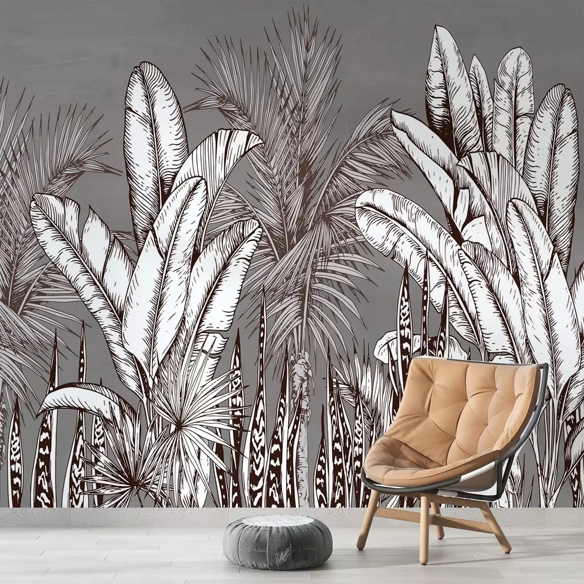 Fototapety Vzor s tropickými listami na sivom pozadí w02299