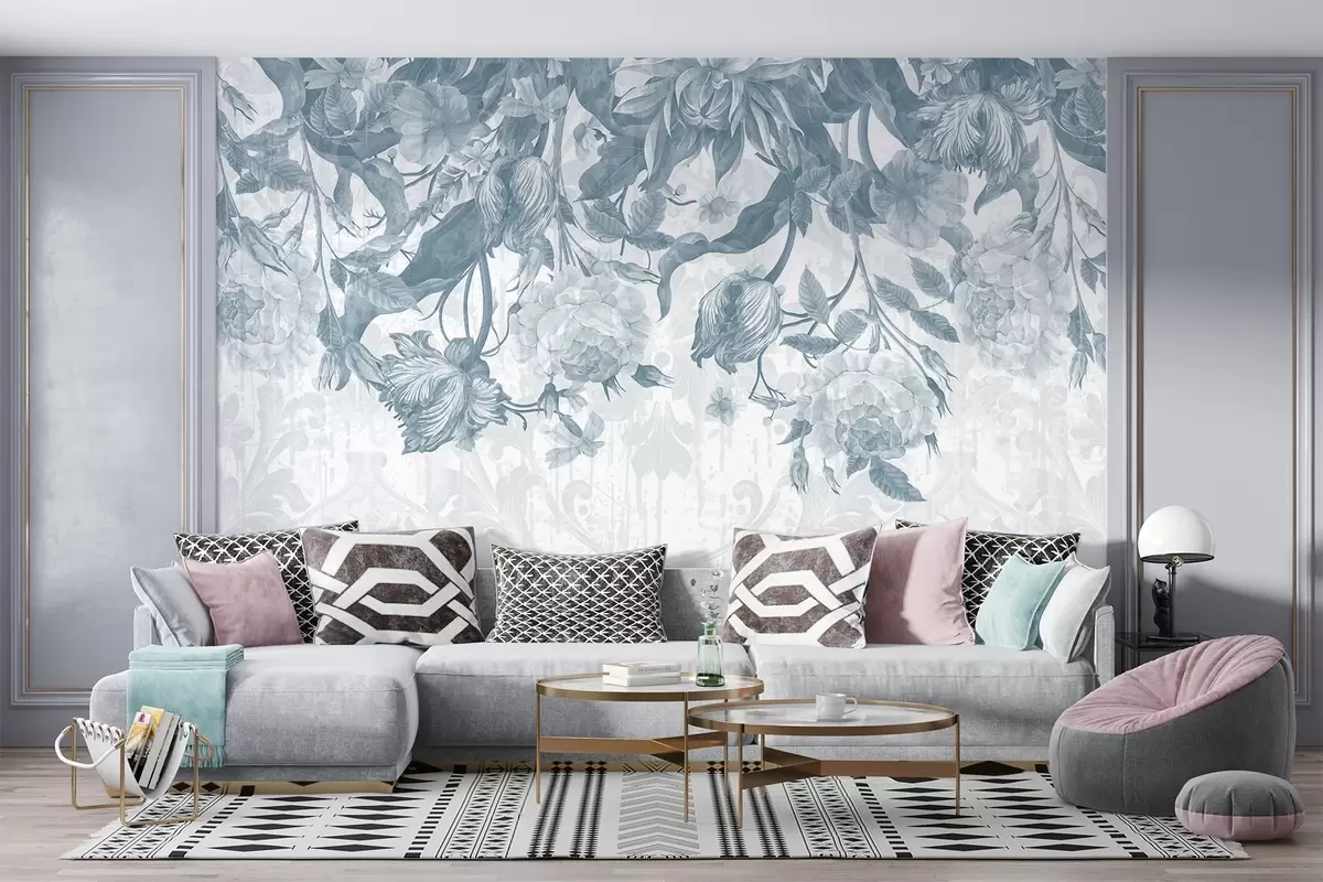 Fototapety Svieža kvetinová výzdoba s veľkými modrými a bielymi kvetmi s pastelovo modrými listami a stonkami  w08435v1