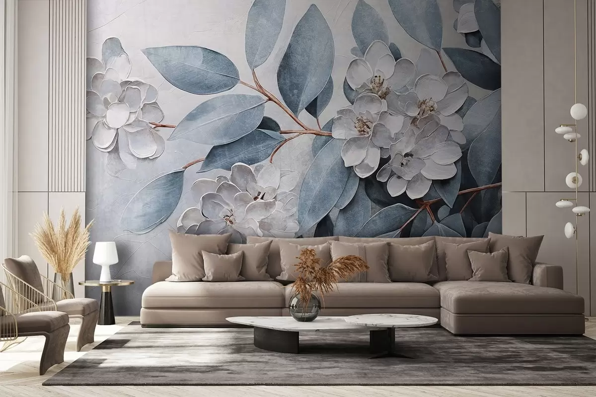 Fototapety Jemné biele kvety so sivozelenými listami na jemnom, tlmenom pozadí v štýle olejomaľby  w08437