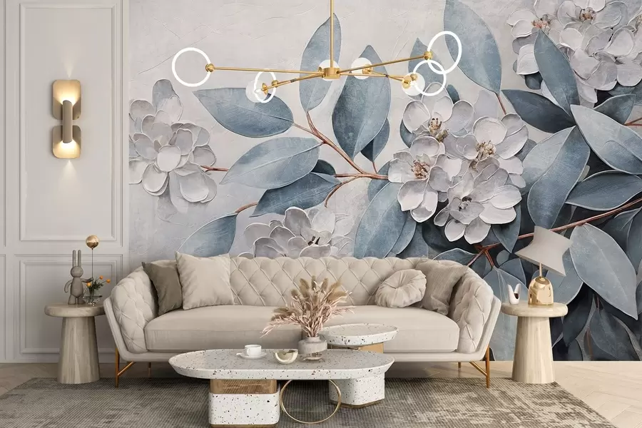 Fototapety Jemné biele kvety so sivozelenými listami na jemnom, tlmenom pozadí v štýle olejomaľby  w08437