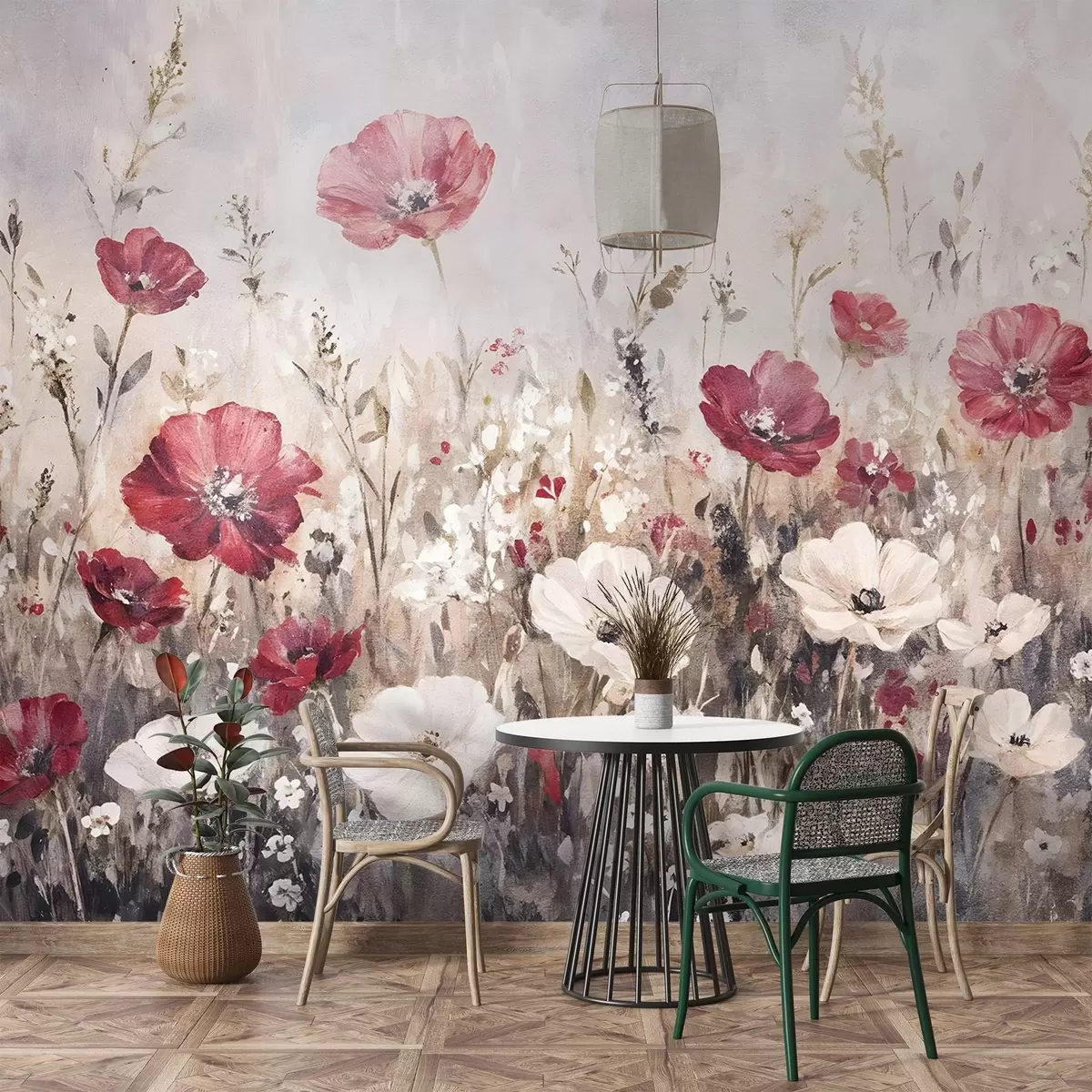 Fototapety Pole žiarivých červených a bielych kvetov na jemnom, hmlistom pozadí v štýle olejomaľby w08438 - Uwalls.sk Fototapety Pole žiarivých červených a bielych kvetov na jemnom, hmlistom pozadí v štýle olejomaľby w08438