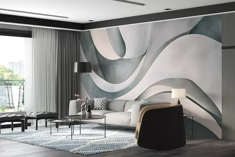 Fototapety Biele, modré a sivé zakrivené tvary a formy vytvárajúce abstraktnú texturálnu modernú minimalistickú tlač  w08439v1