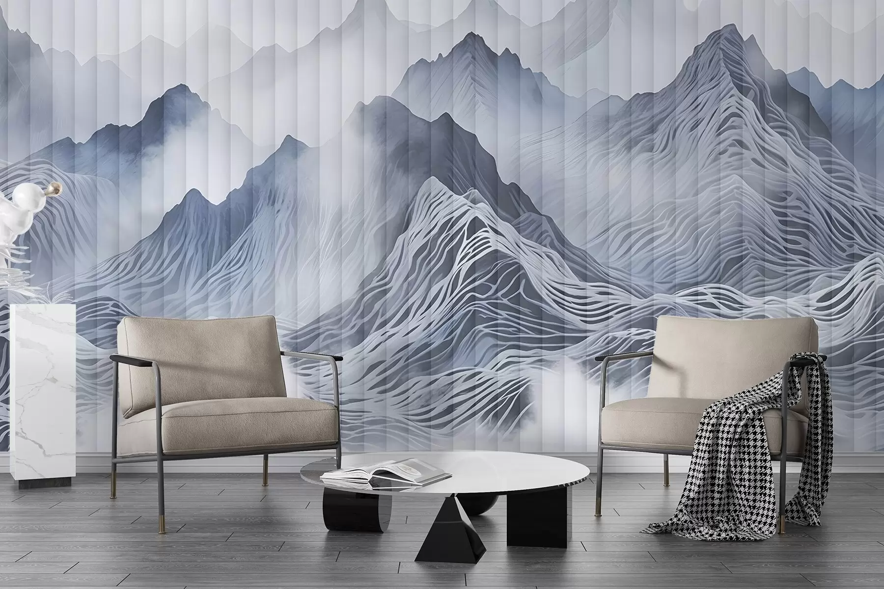 Fototapety Hmlistá abstraktná horská krajina s kopcami a vrcholmi v odtieňoch sivej a bielej w08440