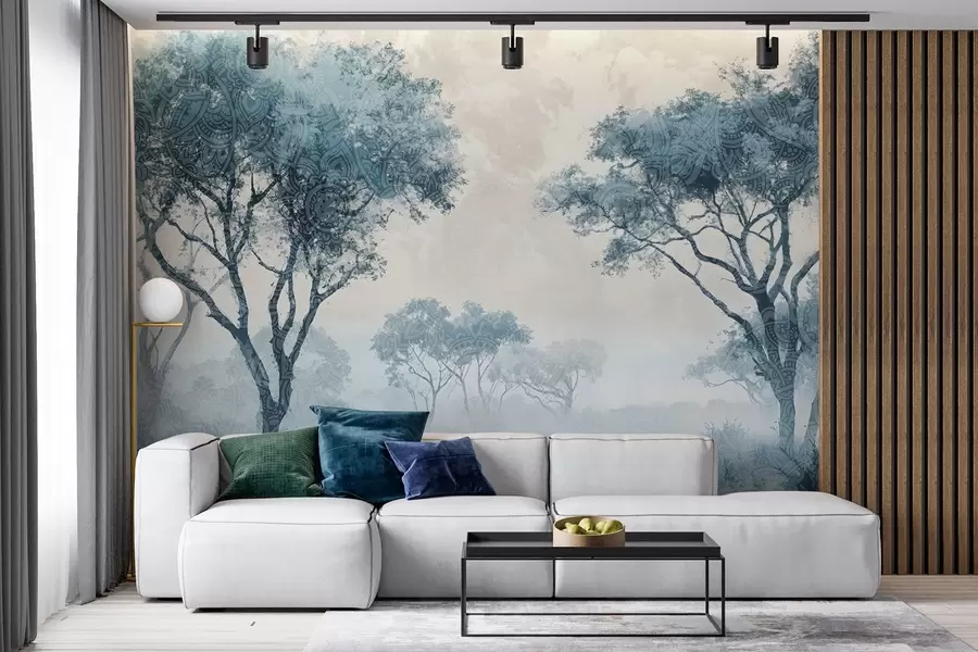 Fototapety Hmlistá, pokojná krajina so siluetami stromov v popredí s jemnou hmlou v modrých a béžových odtieňoch w08442