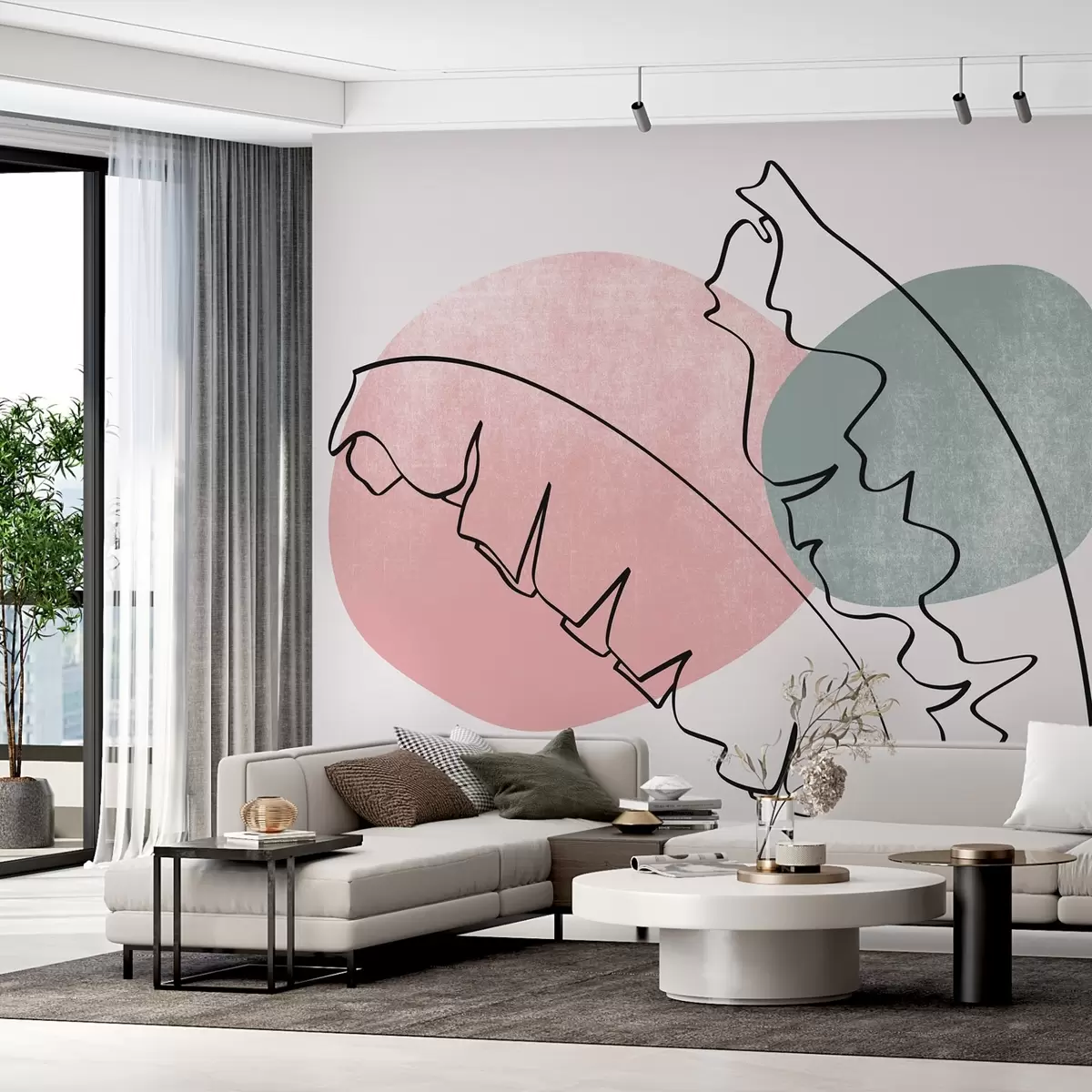 Fototapety Banánové palmové listy líniová kresba na ružovej a zelenej textúre škvrna w02423