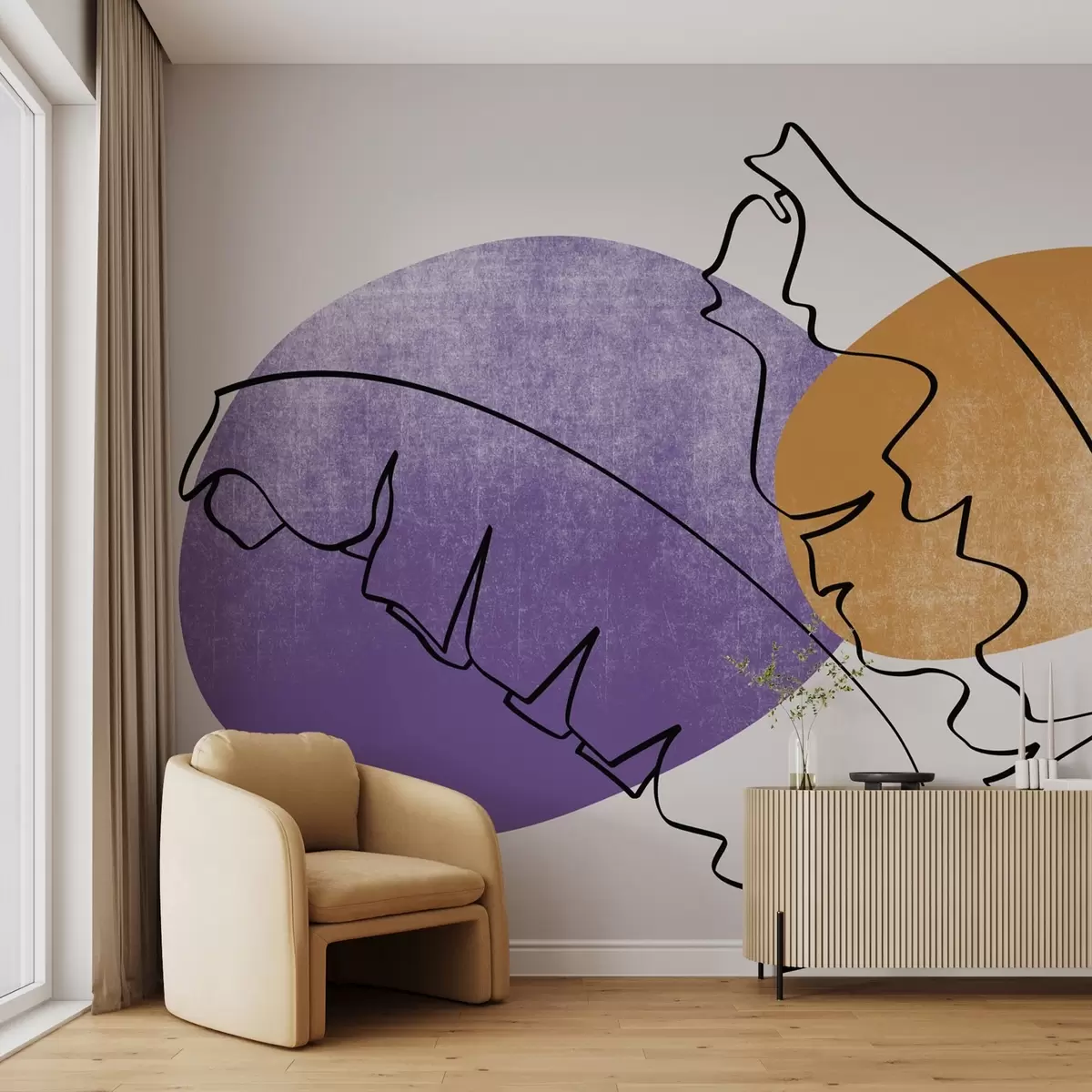 Fototapety Banánové palmové listy líniová kresba na fialovej a oranžovej textúre škvrna w02423v1