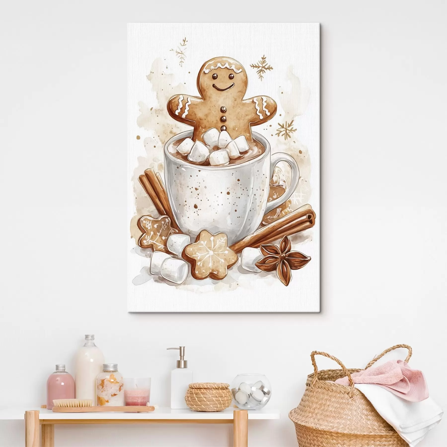 Fototapety Perníčky v šálke kávy, škorica, marshmallows, akvarelový štýl, béžová s41948