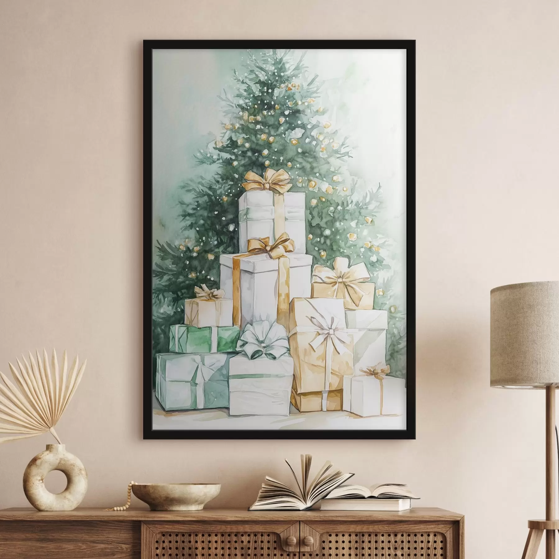 Fototapety Vianočný stromček so zabalenými darčekmi, akvarelový štýl, slávnostný f41944