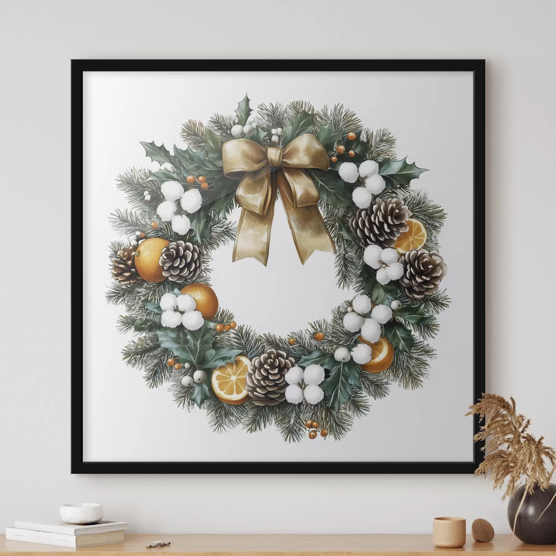 Fototapety Vianočný veniec z borovice s mašľou, bavlnou, pomarančmi, bobuľami a šiškami f41962