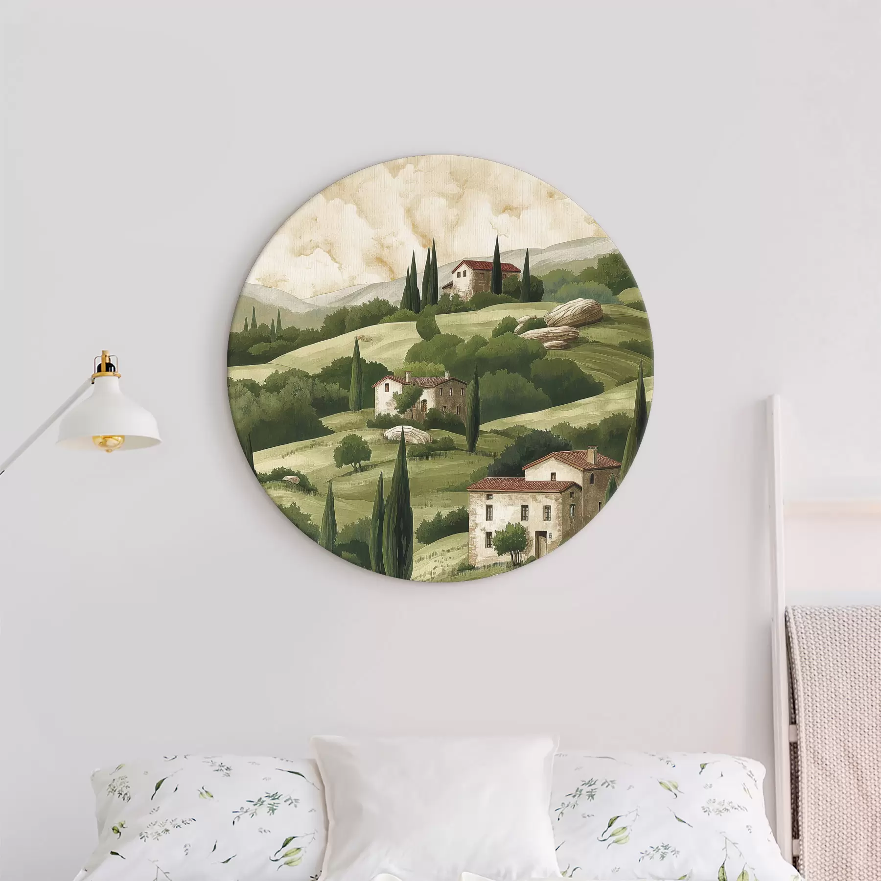Fototapety Krajina s vintage domčekmi, pastelové zelené farby, akrylová kresba, rustikálna r40080
