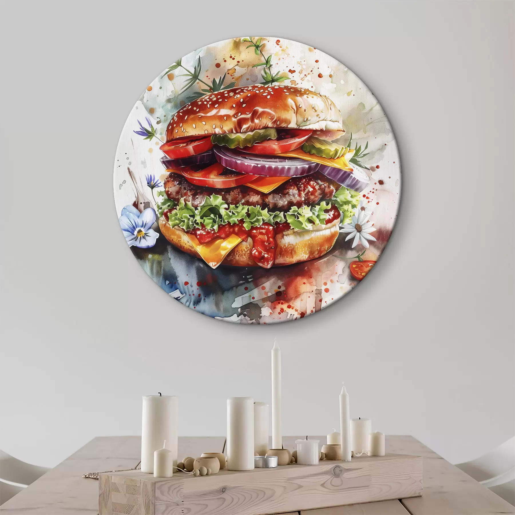Obraz Chutný burger s mäsom, kvetinový, akvarel, food art r39699