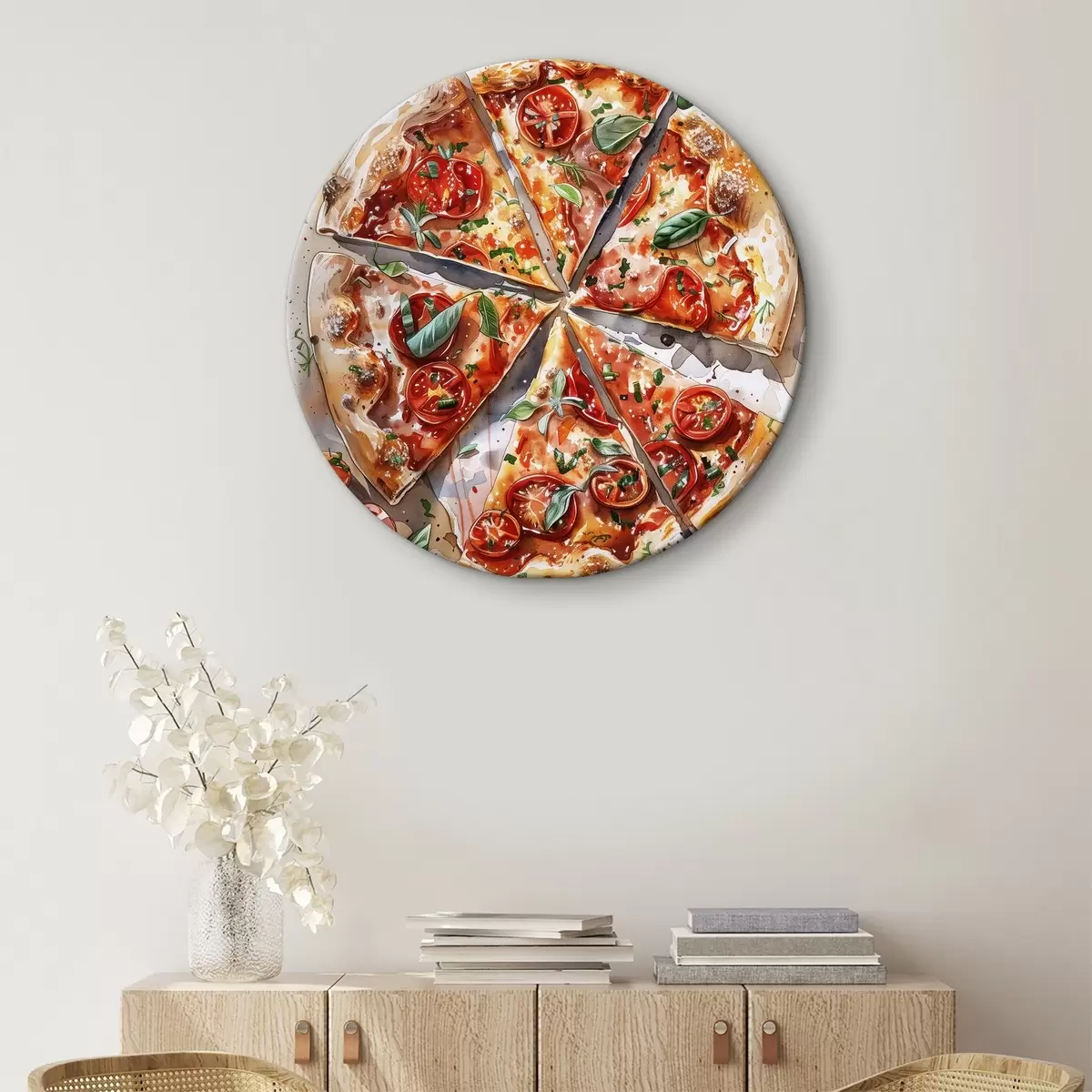 Okrúhle obrazy Akvarel pizza, chutné, paradajky a syr, umenie jedla, drevený stôl r39704