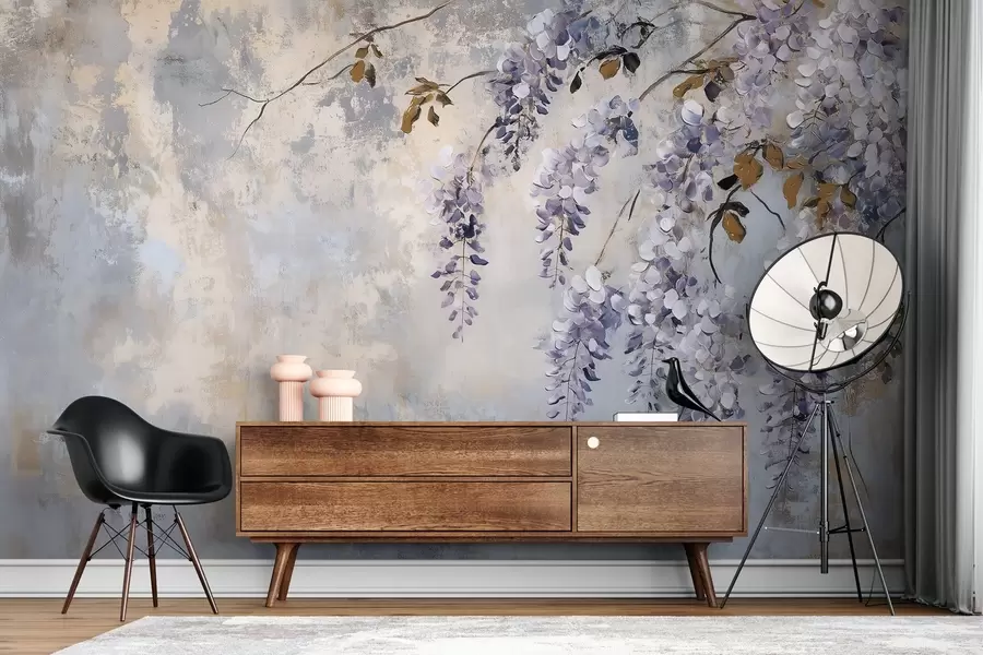 Fototapety textúrovaná tapeta v jemných, tlmených farbách s jemnými kvetmi a vetvičkami vistárie w02451