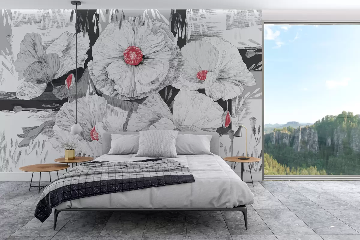 Fototapety Čierne a biele kvety s červenými stredmi w02477 - Uwalls.sk Fototapety Čierne a biele kvety s červenými stredmi w02477