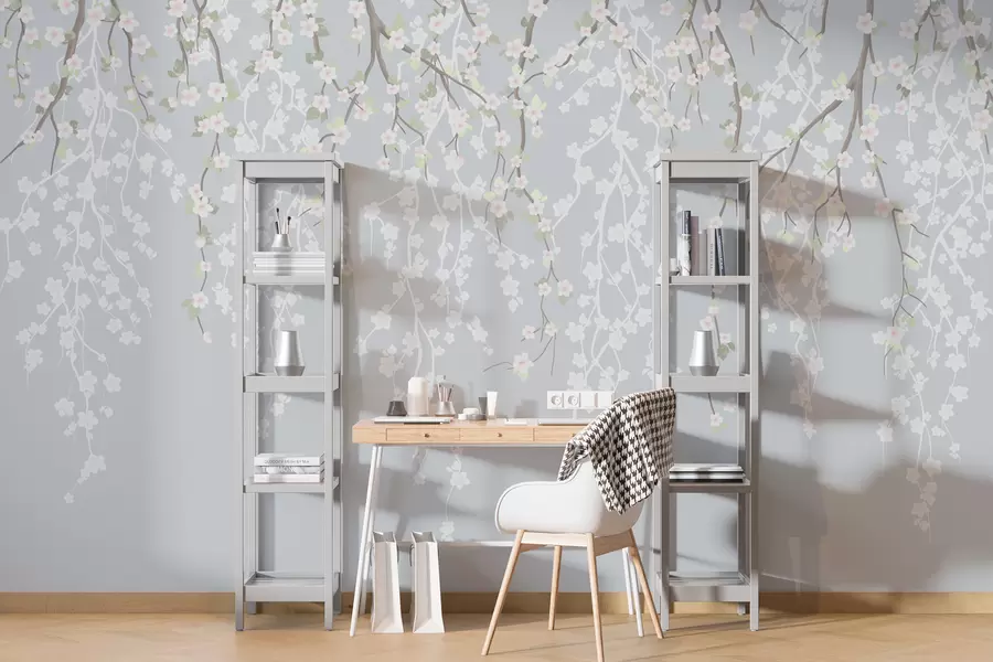 Fototapety Padajúce jemné konáre s kvetmi na modrom pozadí w02479