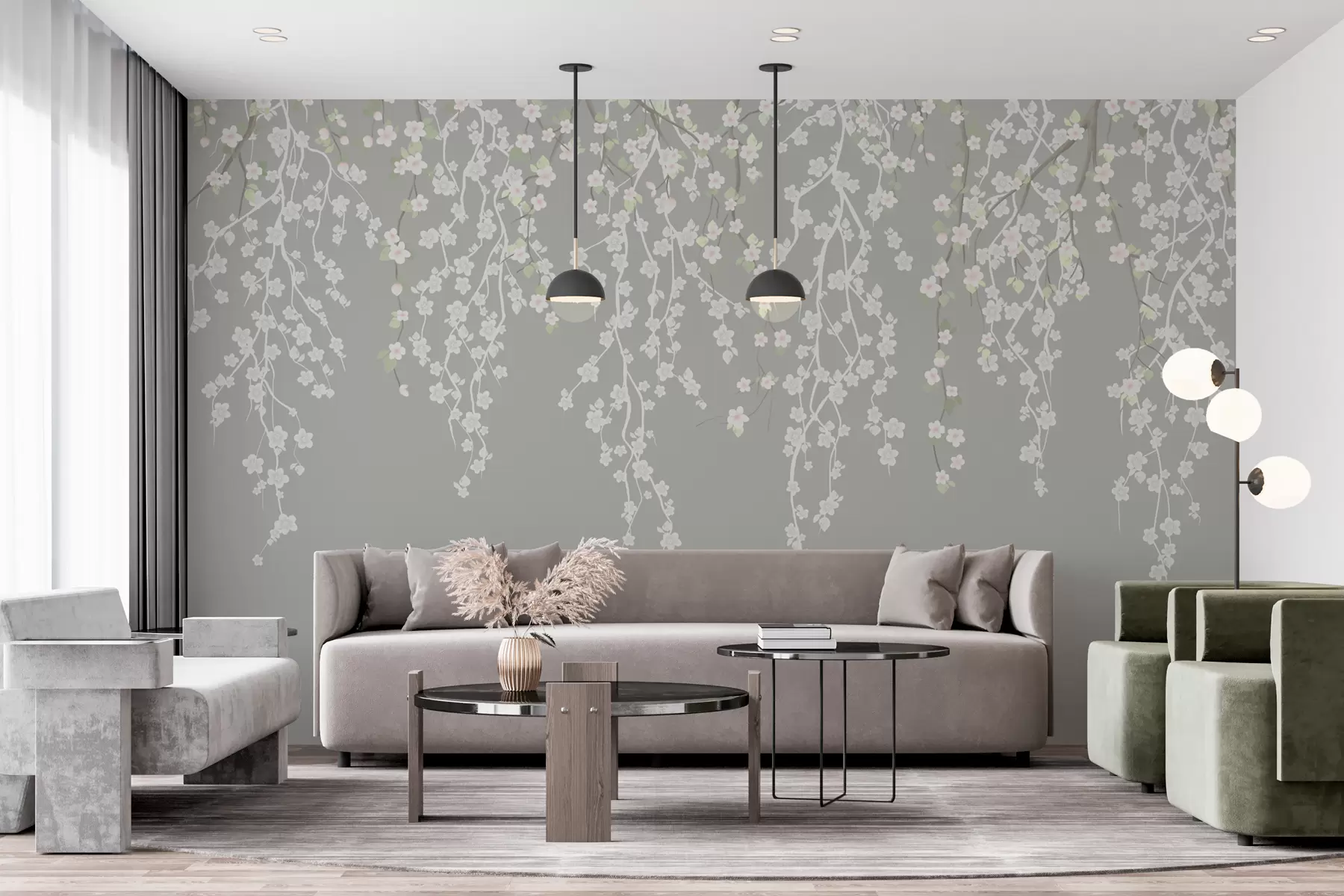 Fototapety Plynúce jemné vetvičky s kvetmi na sivom pozadí w02479v1