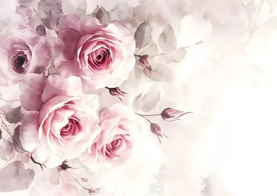 Fototapety Jemné pastelové ružové ruže a listy s jemným, rozmazaným pozadím imitujúcim akvarel w08459