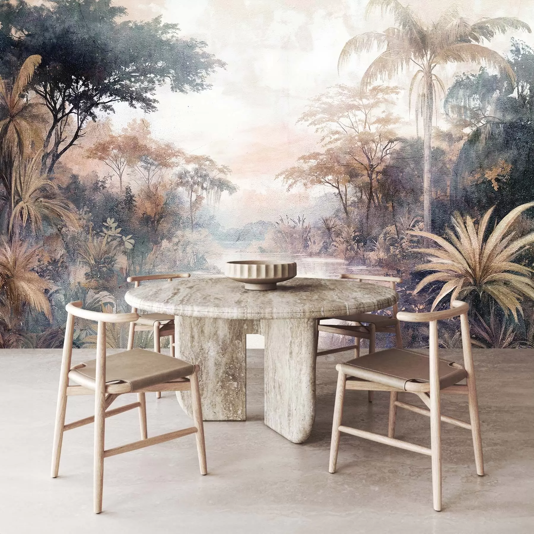 Fototapety Textúrovaná tropická krajina s pokojnou riekou obklopenou sviežimi palmami, kríkmi a inou zeleňou w08460