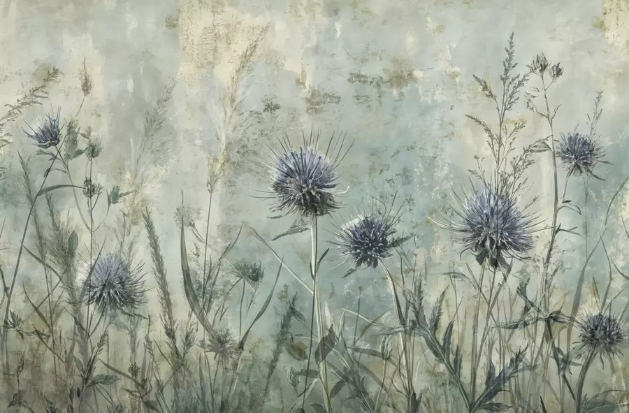 Fototapety Pole fialových kvetov bodliaka s rozmazanými kvetmi a listami na pozadí s vintage textúrou w08463