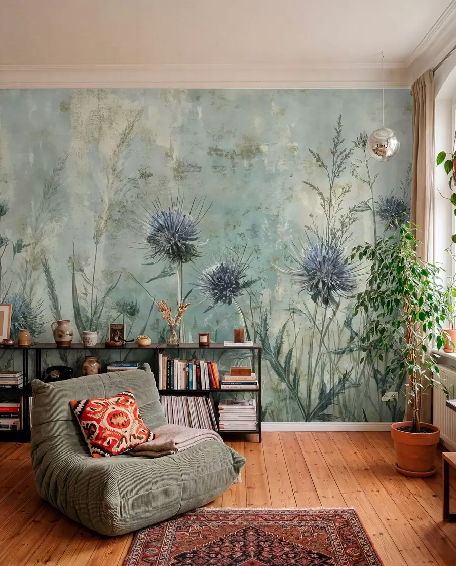 Fototapety Pole fialových kvetov bodliaka s rozmazanými kvetmi a listami na pozadí s vintage textúrou w08463