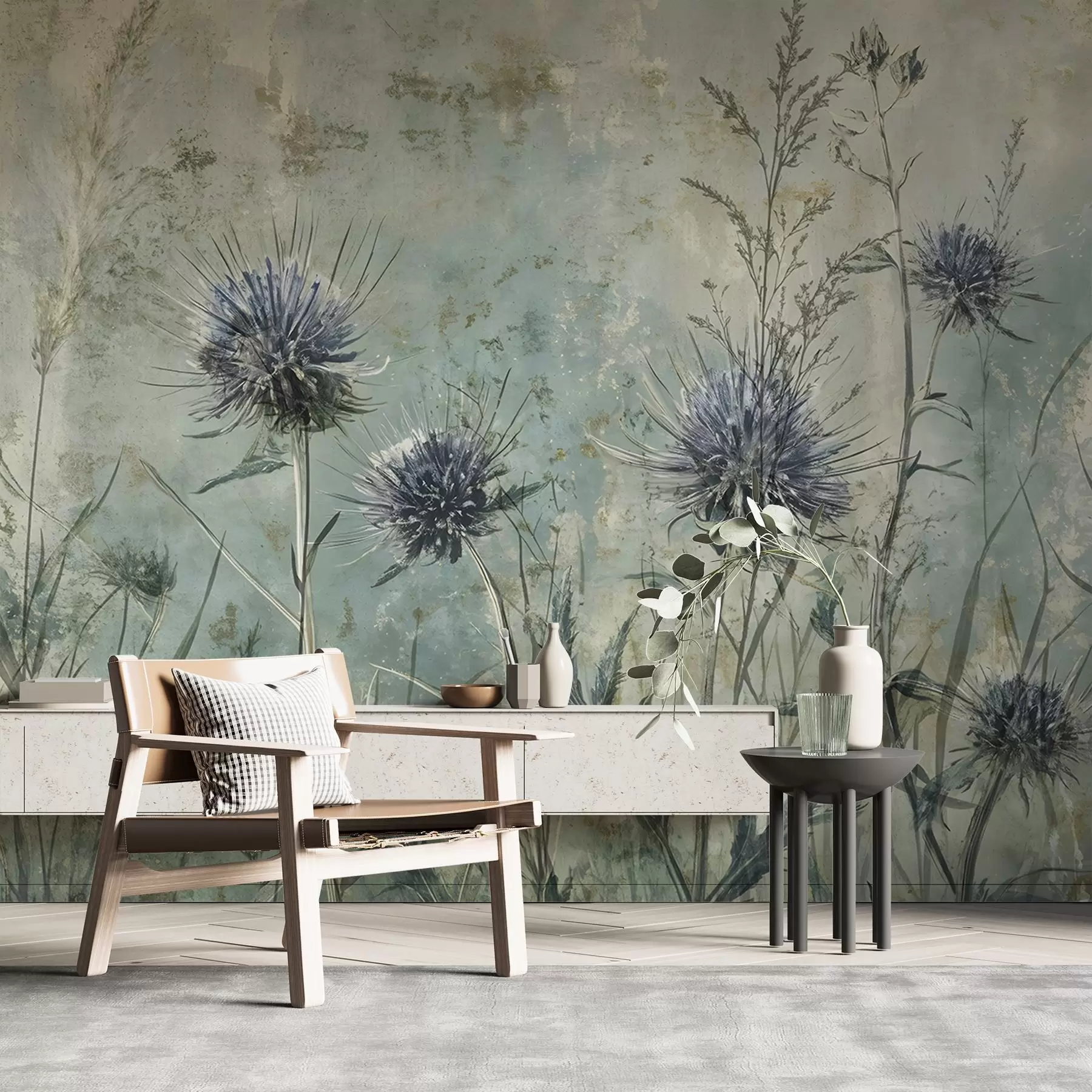 Fototapety Pole fialových kvetov bodliaka s rozmazanými kvetmi a listami na pozadí s vintage textúrou w08463