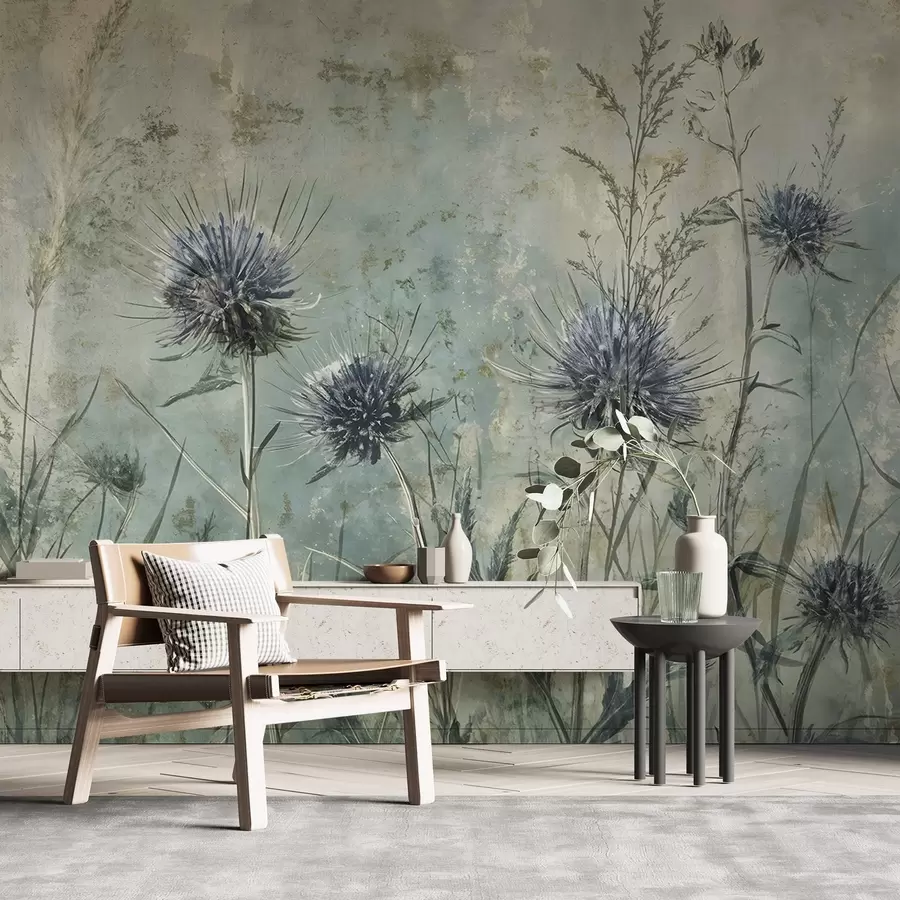 Fototapety Pole fialových kvetov bodliaka s rozmazanými kvetmi a listami na pozadí s vintage textúrou w08463