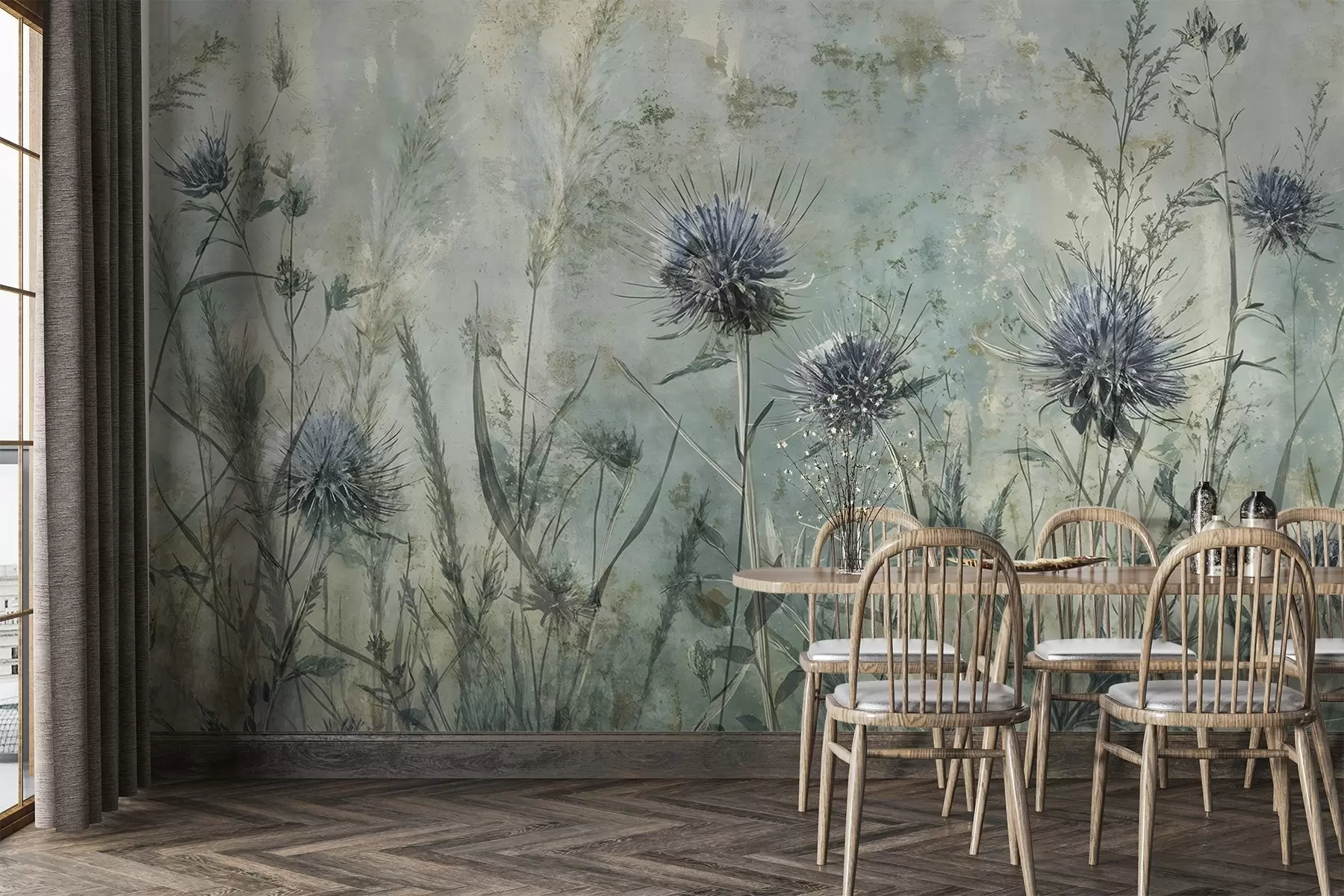 Fototapety Pole fialových kvetov bodliaka s rozmazanými kvetmi a listami na pozadí s vintage textúrou w08463