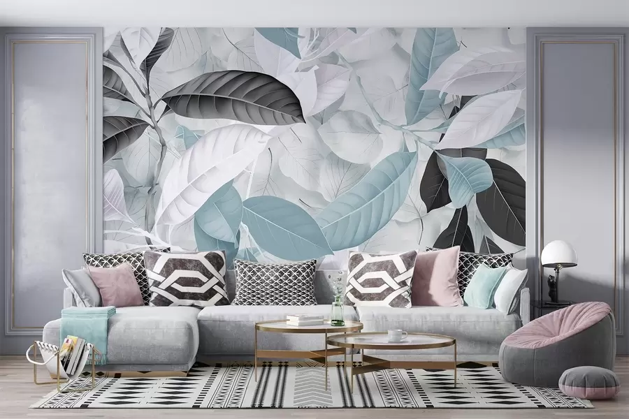 Fototapety Veľká potlač modrých a sivých listov na pozadí s textúrou svetlých listov vytvára svieži tropický dojem w08468v1