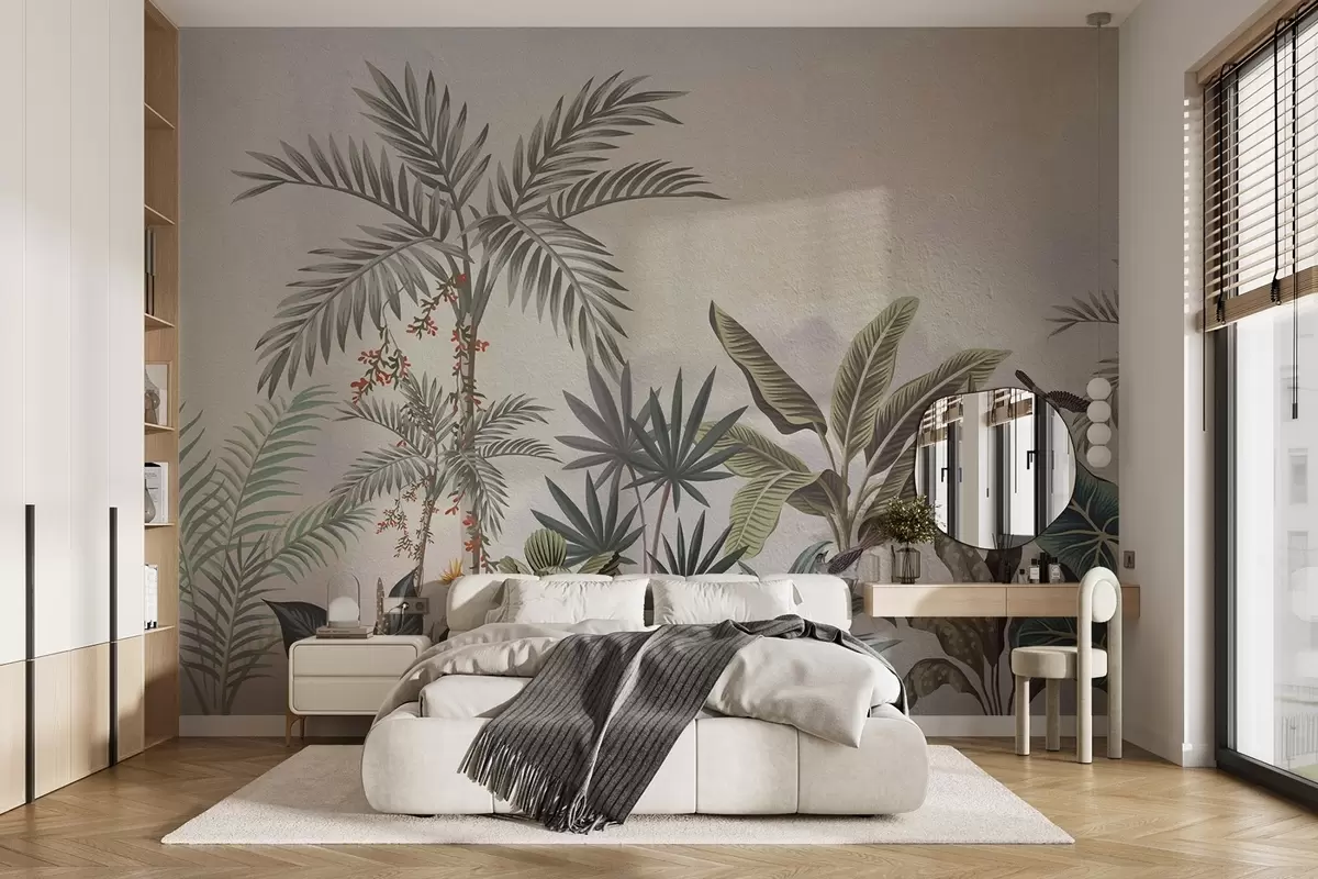Fototapety Tropická džungľa s palmami a farebnými vtákmi w08496 - Uwalls.sk Fototapety Tropická džungľa s palmami a farebnými vtákmi w08496