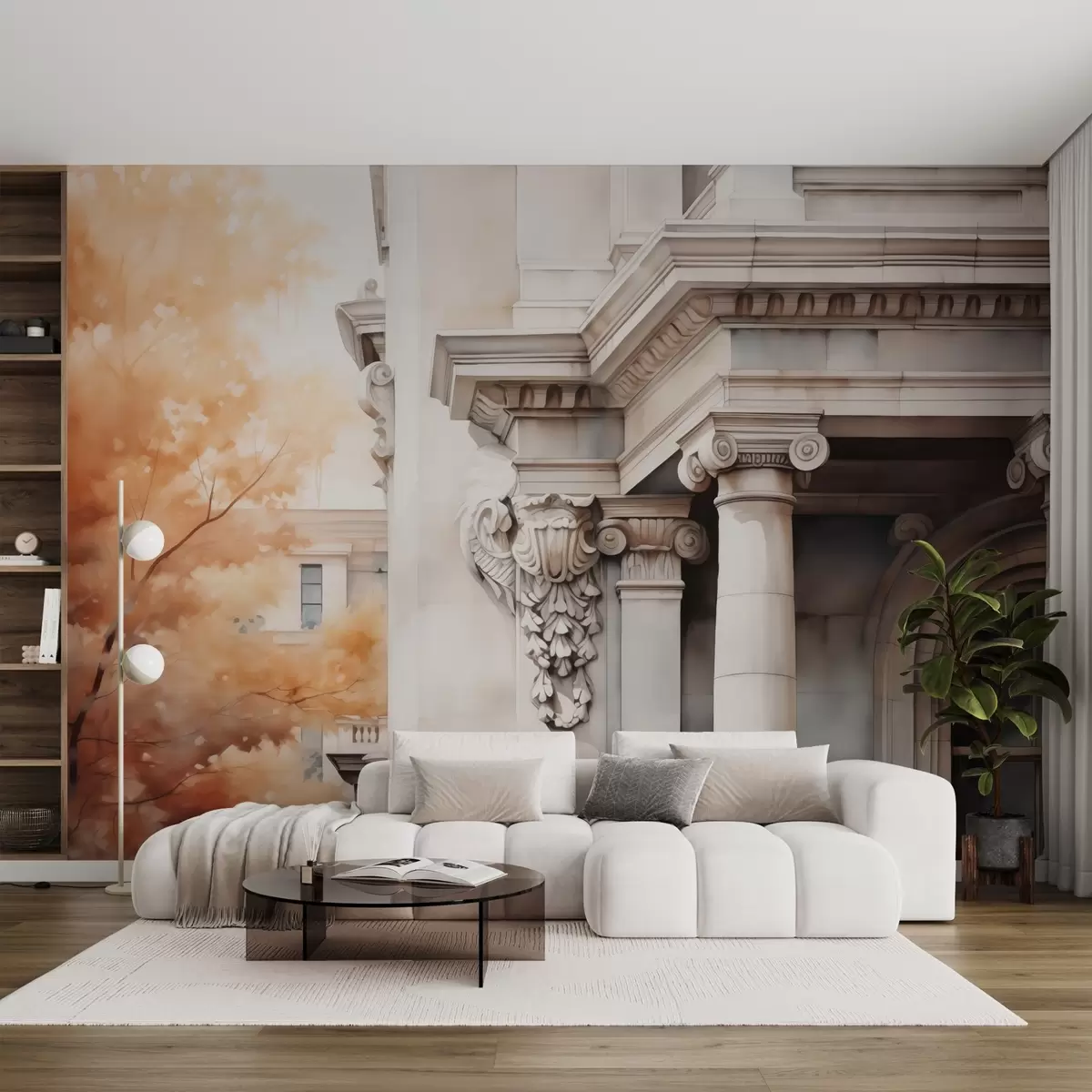 Fototapety Časť domu so stĺpmi vedľa stromu imitácia akvarelu w02495