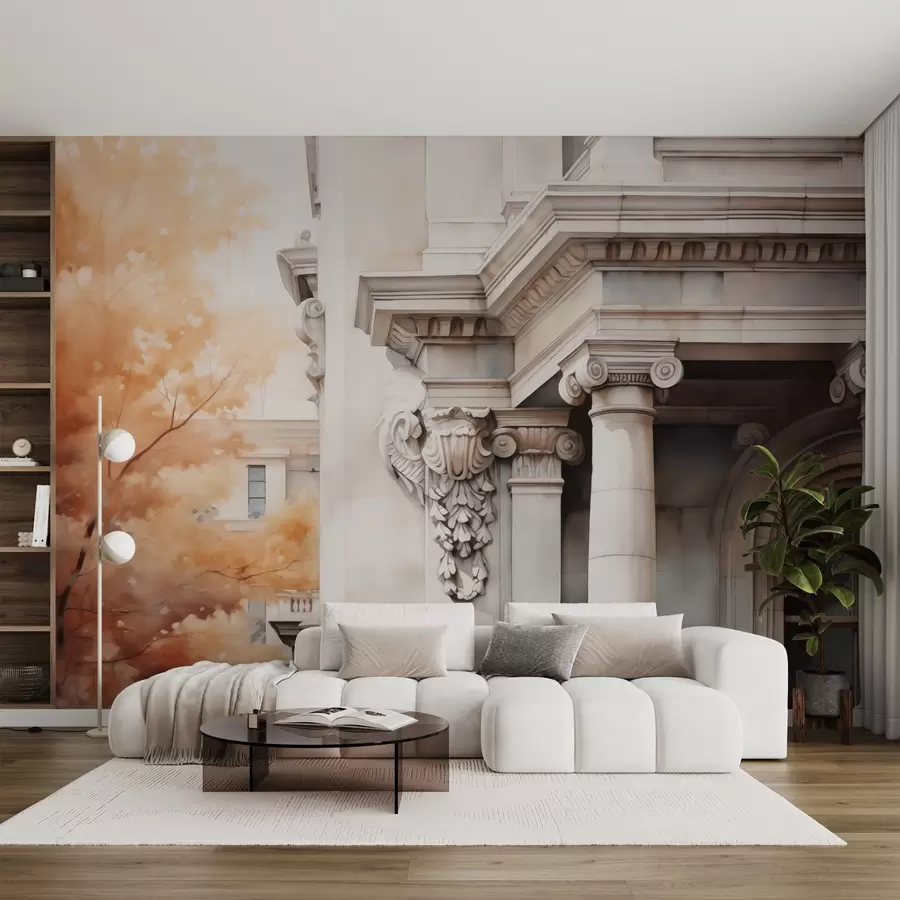 Fototapety Časť domu so stĺpmi vedľa stromu imitácia akvarelu w02495