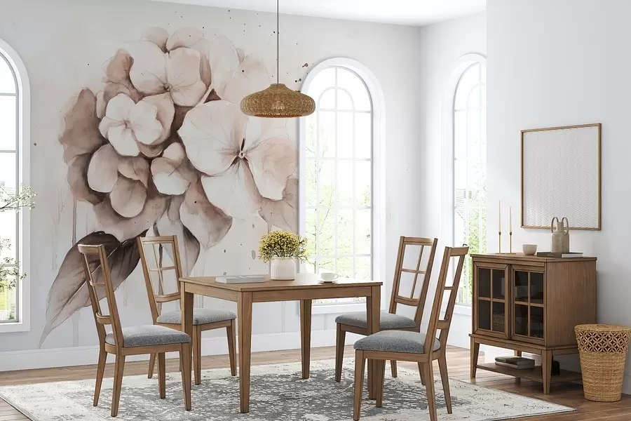 Fototapety Kresba hortenzie, akvarelový štýl, béžové farby w02483 - Uwalls.sk Fototapety Kresba hortenzie, akvarelový štýl, béžové farby w02483