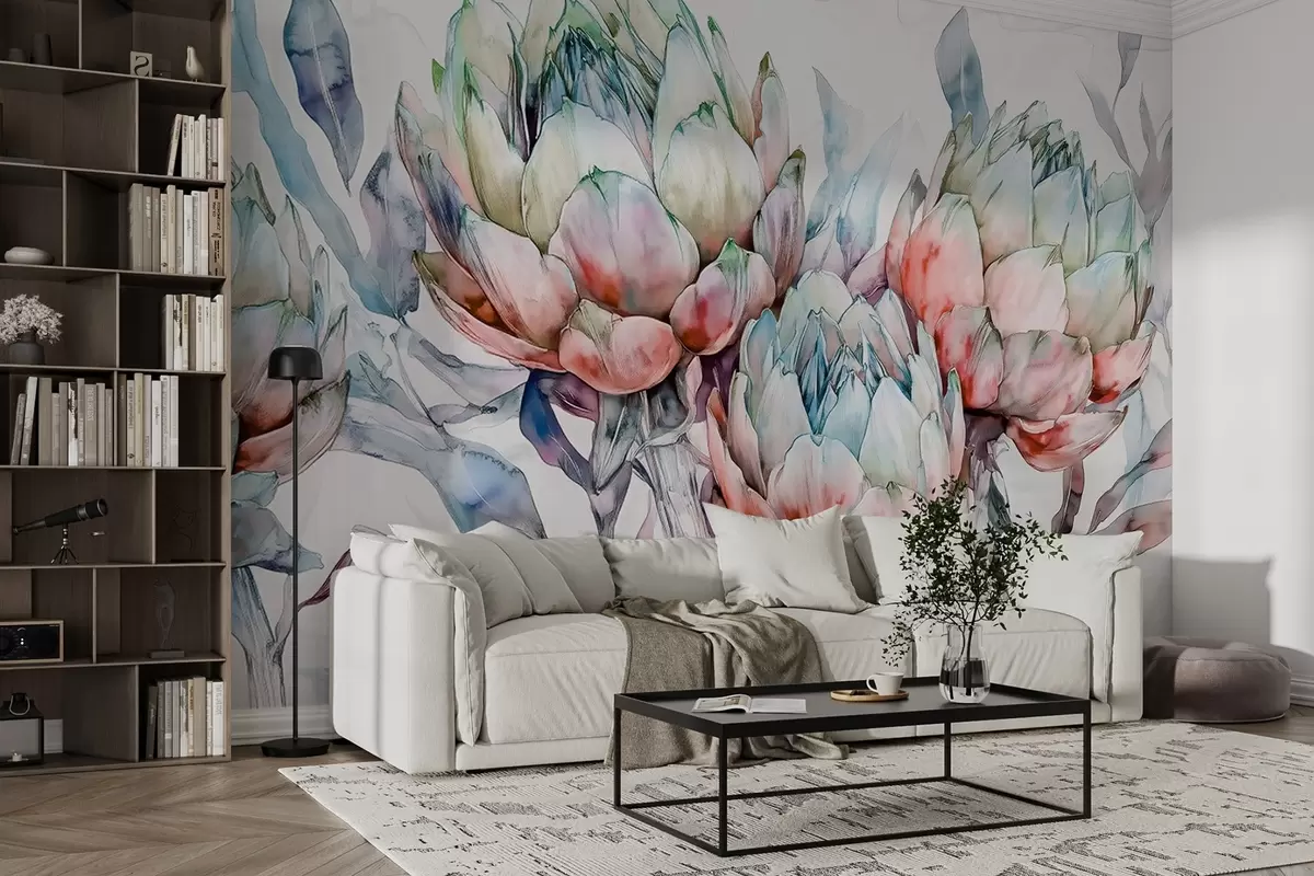 Fototapety Artičoky kresba, akvarel štýl, kvetinové, červená, fialová, zelená w02484v1