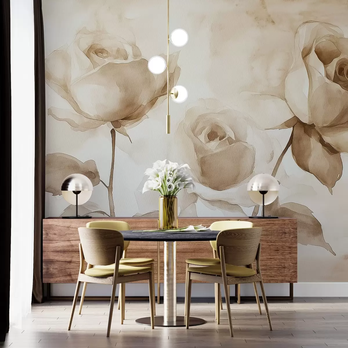 Fototapety Béžové ruže, kvety, mäkké akvarelové kresby, rustikálne, bohémske w02490