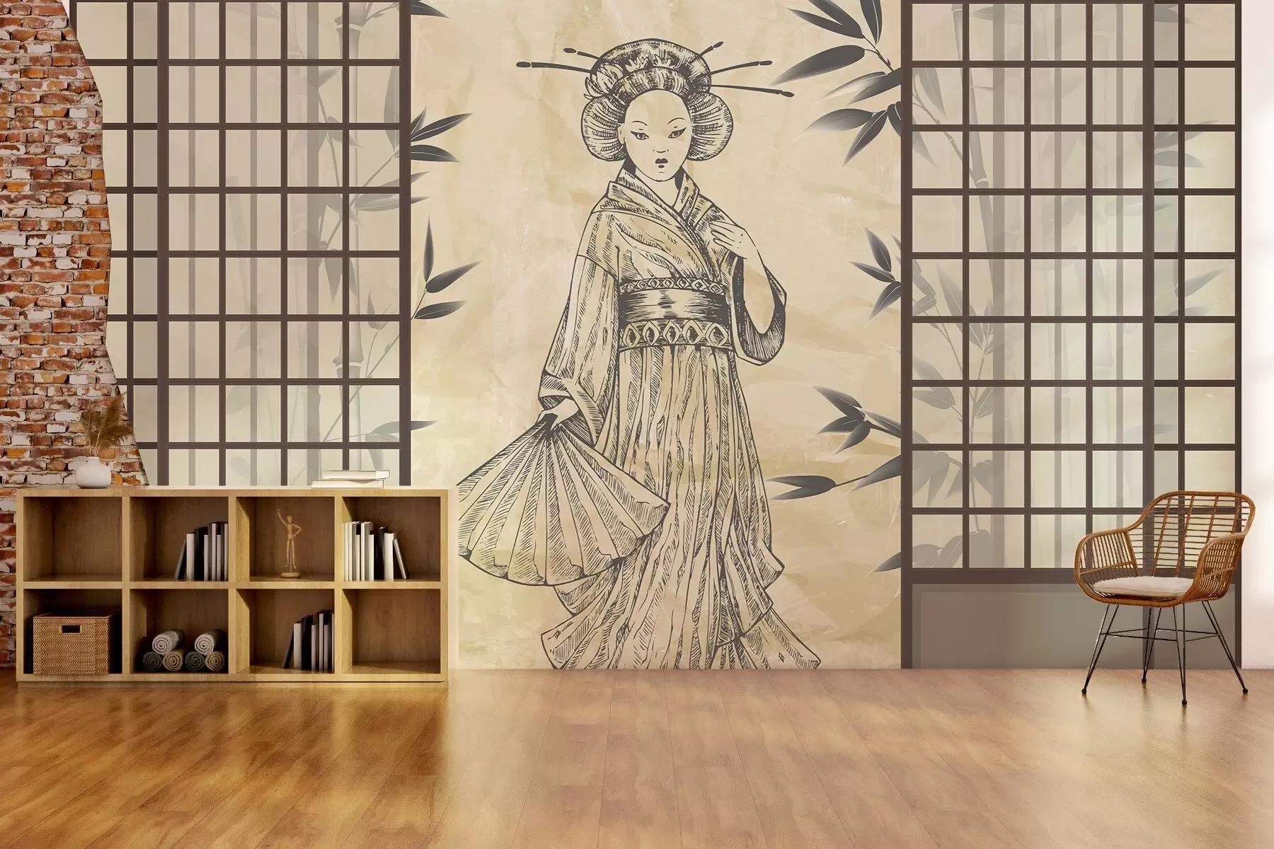 Fototapety Starý dom v ázijskom štýle, dievča v tradičnom oblečení, čerešňové kvety, čerešňové kvety, Shoji w02535