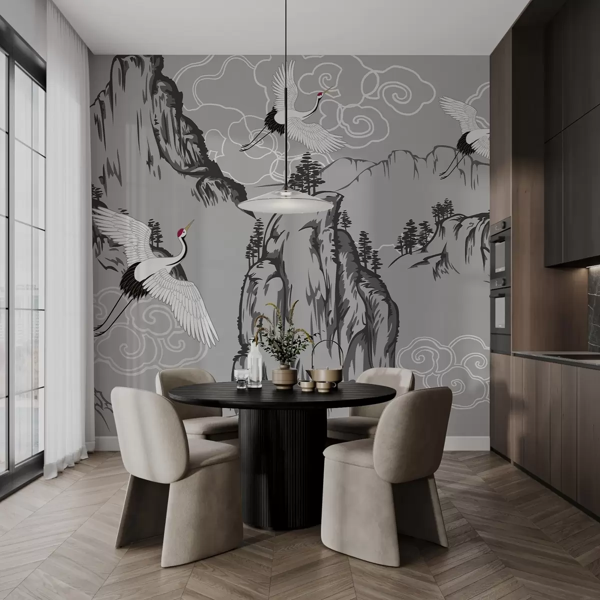 Fototapety Hory a žeriavy v japonskom štýle, v sivých tónoch w02544v1 - Uwalls.sk Fototapety Hory a žeriavy v japonskom štýle, v sivých tónoch w02544v1