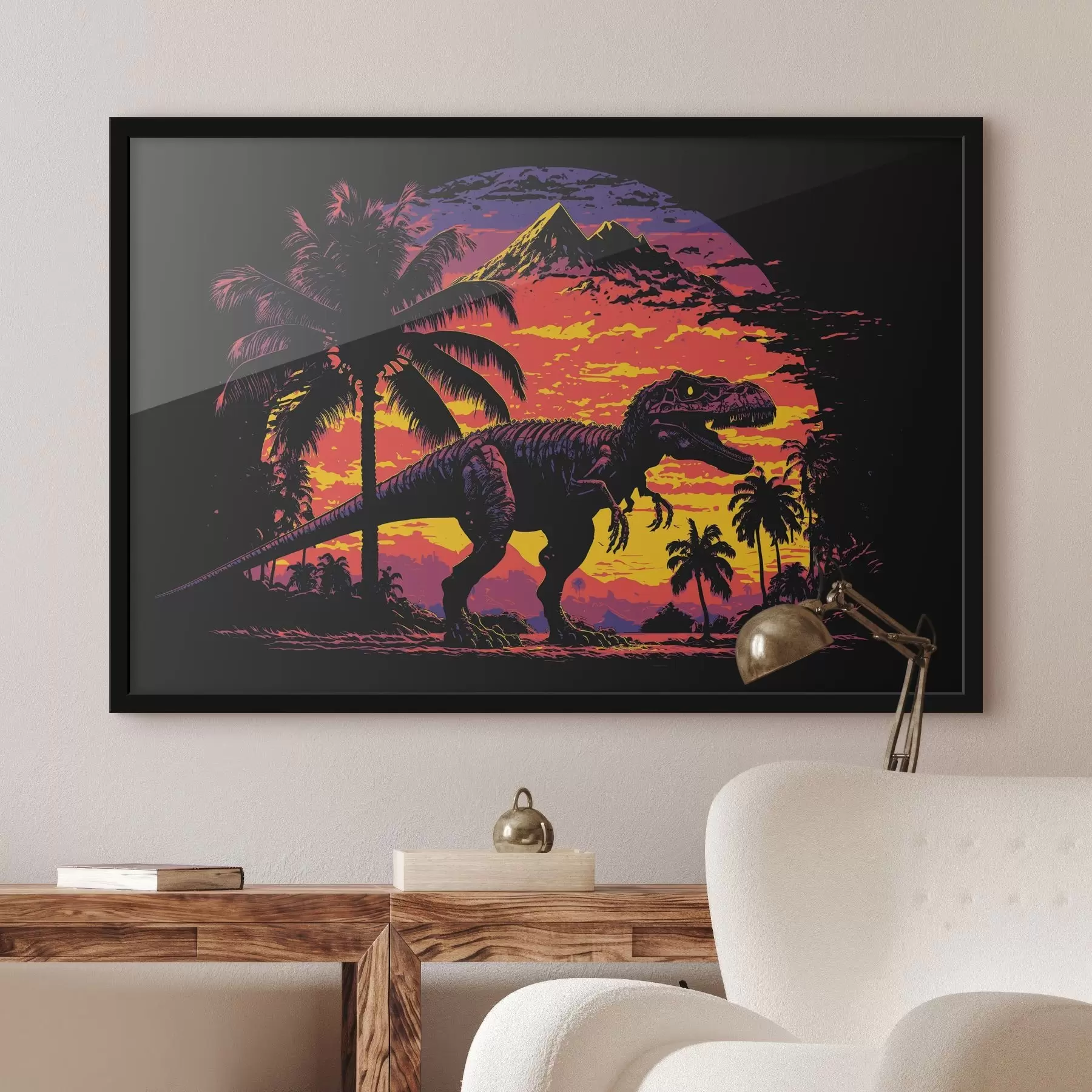 Fototapety Dinosaurus pri západe slnka na palmách f33894