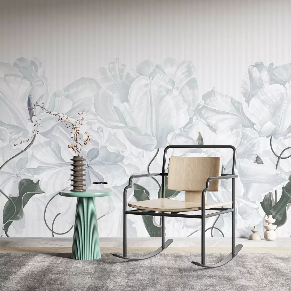 Fototapety jemné sivé kvety na pruhovanom pozadí w02565v1