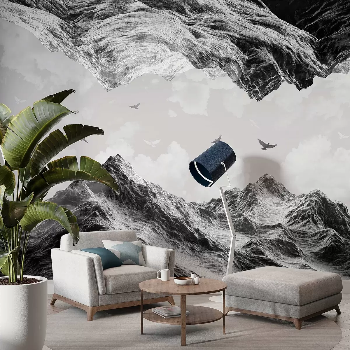 Fototapety Hory krajina, realizmus, lietajúce vtáky, príroda, mraky, čiernobiele farby w02514