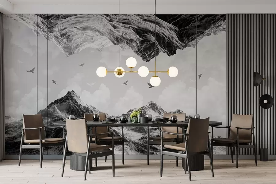 Fototapety Hory krajina, realizmus, lietajúce vtáky, príroda, mraky, čiernobiele farby w02514