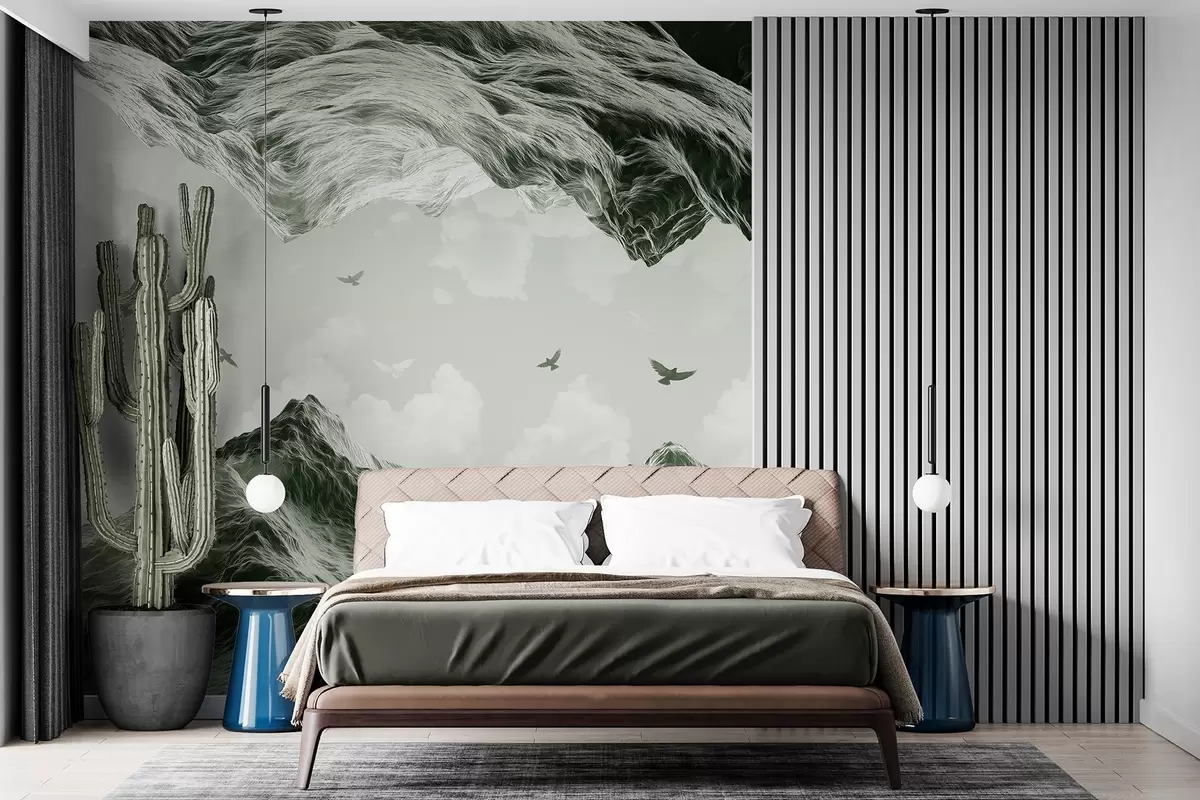 Fototapety Hory krajina, realizmus, lietajúce vtáky, príroda, mraky, zelené farby w02514v3